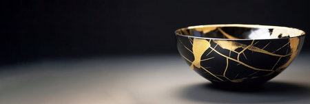 Kintsuki, Japanese pottery. Utensils glued with gold are not concept of constancy, imperfection of world. Close-up, dark background. Header banner mockup with copy space. AI generated.の素材