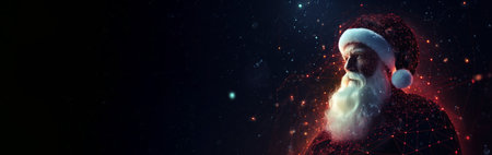 Christmas Santa Claus in new year close-up, dark abstract space background. Modern scientific family holiday. Header banner mockup with copy space. AI generated.の素材