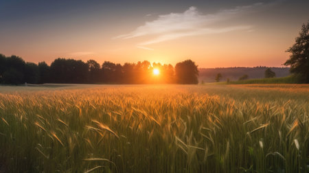 Rye field in the rays of the evening sun, the cultivation of natural products. Sky background, horizon. AI generated.の素材
