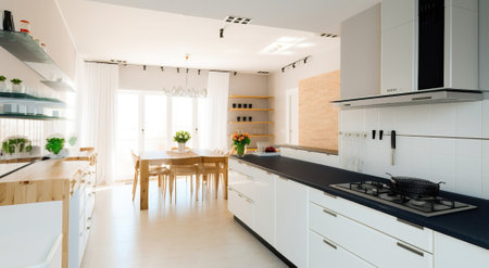 Interior design of a white kitchen in a minimalist style, light background. Architectural solutions for premises. AI generated.の素材