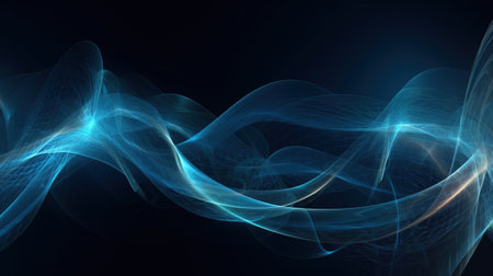 Quantum entanglement, scientific technology abstract concept. Dark background. Header banner mockup with copy space. AI generated.の素材