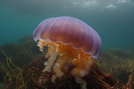 Olindias formosa rare colored jellyfish close-up, dark background. AI generated. Marine ocean fauna, wildlife.の素材