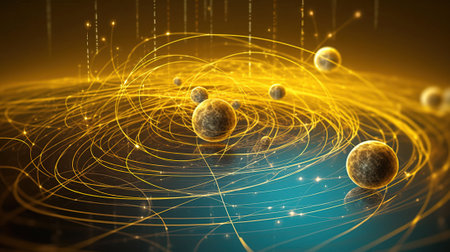 Quantum mechanics, scientific concept of modern physics. Dark background. Header banner mockup with copy space. AI generated.の素材