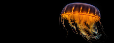 Black sea nettle, Rare orange jellyfish, dark background. AI generated. Marine ocean fauna, wildlife. Header banner mockup with copy space.の素材