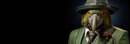 Mr green parrot gentleman in boss hat and scientist. Header banner mockup with copy space. AI generatedの素材