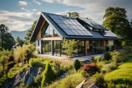 Specialist workers install solar panels, modern technologies in a private house. Renewable energy. AI generated. Protection of the ecology of the environment.の素材