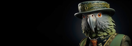 Mr green parrot gentleman in boss hat and scientist. Header banner mockup with copy space. AI generatedの素材