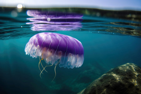 Violet striped rare colored jellyfish closeup, dark background. AI generated. Marine ocean fauna, wildlife.の素材