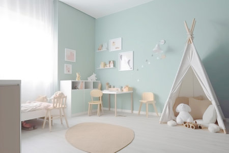 Interior design for a children's room, warm tones of light blue. AI Generative. Modern cozy stylish comfortable furniture.の素材