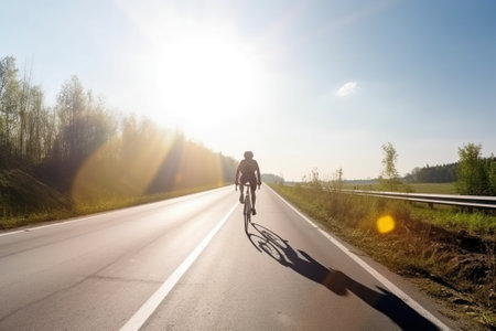 A bicycle with a cyclist rider at sunset on a highway. Active healthy sport hobby. AI generated. Equipped athlete on an adventure journey.の素材