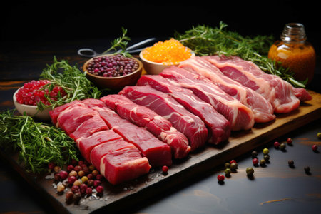 A set of options for pieces of raw meat on a wooden board, with vegetables and spices. AI generated. Dark background, pork, beef and chicken.の素材