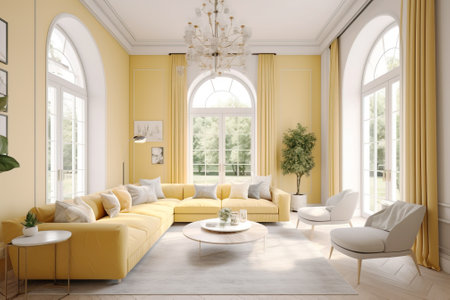 European interior design of a living room in an apartment house, warm colors, white yellow soft colors. AI Generative. Modern cozy stylish comfortable furniture.の素材