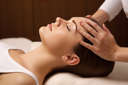 SPA massage of head, neck of a happy woman. Beautiful body wellness relaxation. AI generated. Hands close-up, light background.の素材