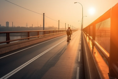 A bicycle with a cyclist rider at sunset on a highway. Active healthy sport hobby. AI generated. Equipped athlete on an adventure journey.の素材