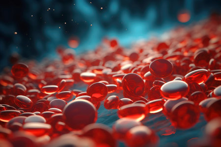 Blood hemoglobin red medical concept macro close-up. Cell microbiologists artery scientific illustration. AI generated.の素材
