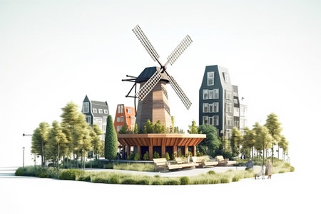 Wind generators among the high mirror city business buildings, rows with the lake. AI generated. Renewable energy concept.の素材