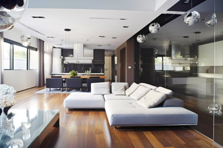 Smart home, control technology with digital automation application mobile concept. AI generated. Arrangement of the future interior design.の素材