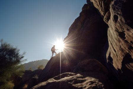 Climber in the rays of the sun in the concept of active extreme sports on the mountain. Hiking climbing adventure travel. AI generated.の素材