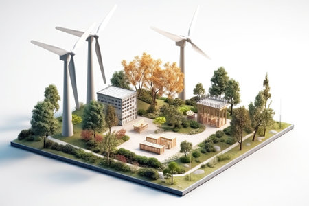 Wind generators among the high mirror city business buildings, rows with the lake. AI generated. Renewable energy concept.の素材