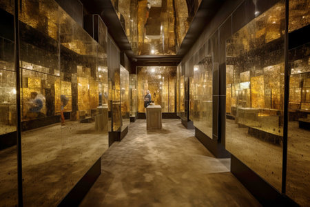 Mirror room, exclusive interior design. The concept of the purity of the versatility of the illusory world. AI generated. Dark natural lighting.の素材