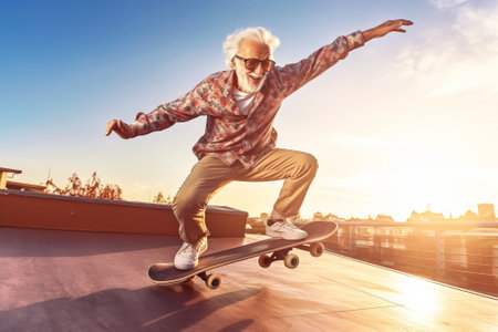 An elderly mature bearded man plays sports on the sports ground. Healthy lifestyle as an adult. AI generated. Fitness exercise happy workout.の素材