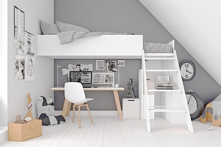 Interior design of a children's room, warm colors, white gray colors. AI Generative. Modern cozy stylish comfortable furniture.の素材