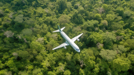 Tourist plane liner flies over a tropical sea city in the morning sun. Exotic travel. Header banner mockup with copy space. AI generated.の素材