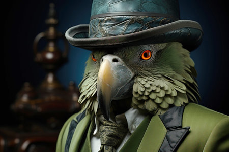 Mr green parrot gentleman in boss hat and scientist. Header banner mockup with copy space. AI generatedの素材