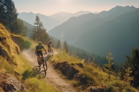 A group of bicycles with a cyclist rider at sunset on a mountain road. Active healthy sport hobby. AI generated. Equipped athlete on an adventure journey.の素材