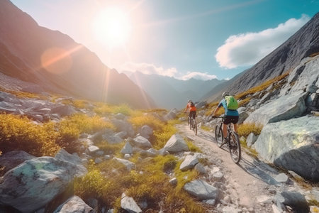 A group of bicycles with a cyclist rider at sunset on a mountain road. Active healthy sport hobby. AI generated. Equipped athlete on an adventure journey.の素材