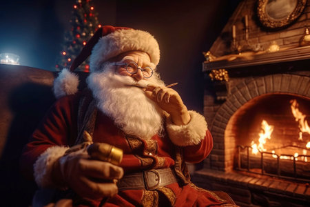 Christmas New Year Santa Claus in a festive interior with a fireplace reads children's letters, a symbol of the concept of family holidays.の素材