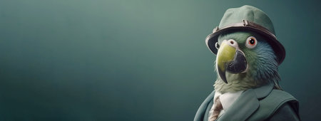 Mr green parrot gentleman in boss hat and scientist. Header banner mockup with copy space. AI generatedの素材