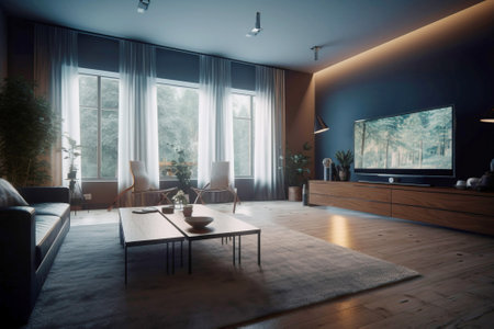 Smart home, control technology with digital automation application mobile concept. AI generated. Arrangement of the future interior design.の素材