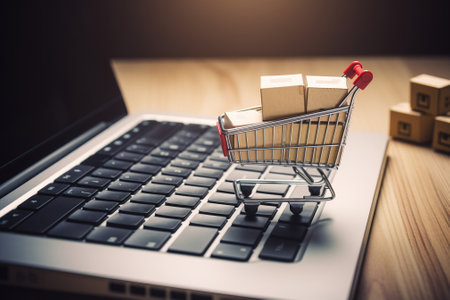 Online internet trading, modern marketing technology. Supermarket trolley near laptop keyboard. Dark background. AI generated. Business concept of global financial economy.の素材