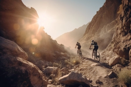 A group of bicycles with a cyclist rider at sunset on a mountain road. Active healthy sport hobby. AI generated. Equipped athlete on an adventure journey.の素材