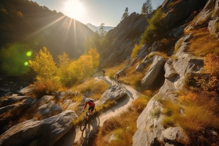 A group of bicycles with a cyclist rider at sunset on a mountain road. Active healthy sport hobby. AI generated. Equipped athlete on an adventure journey.の素材