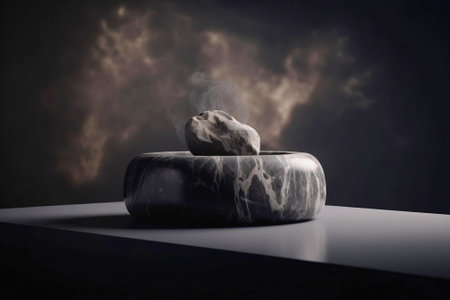 Stone podium for products, product presentation platform. Dark background, in a dark key. AI generated. Header banner mockup with copy space.の素材