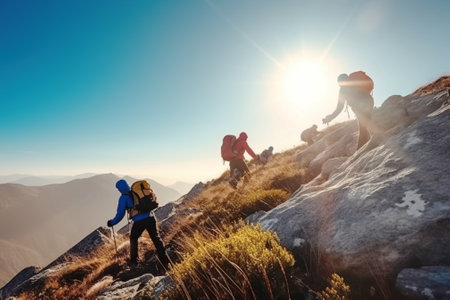 Group of climbers in the rays of the sun in the concept of active extreme sports on the mountain. Hiking climbing adventure travel. AI generated.の素材