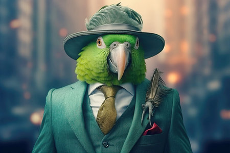 Mr green parrot gentleman in boss hat and scientist. Header banner mockup with copy space. AI generatedの素材