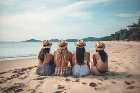 Cheerful group of girls in swimsuits by the sea on the beach at sunset are relaxing at a tropical resort. AI generated. Summer trip of friends to beautiful nature.の素材