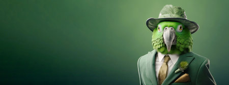 Mr green parrot gentleman in boss hat and scientist. Header banner mockup with copy space. AI generatedの素材