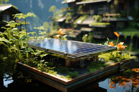 Solar electric panels, modern technologies in a private home. Renewable energy. AI generated. Protection of the ecology of the environment.の素材
