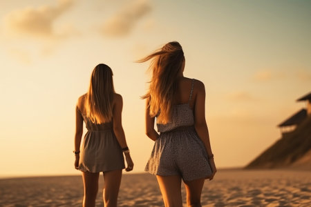 Cheerful group of girls in swimsuits by the sea on the beach at sunset are relaxing at a tropical resort. AI generated. Summer trip of friends to beautiful nature.の素材