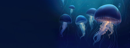 Group of rare colored jellyfish close-up, dark background. AI generated. Marine ocean fauna, wildlife. Header banner mockup with copy space.の素材