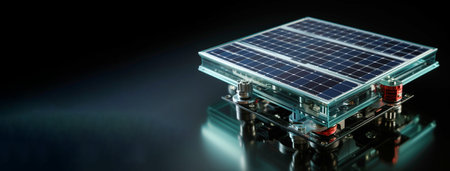 Solar electrical panels, modern technology, black dark background isolate. Renewable energy. AI generated. Protection of the ecology of the environment. Header banner mockup with copy space.の素材