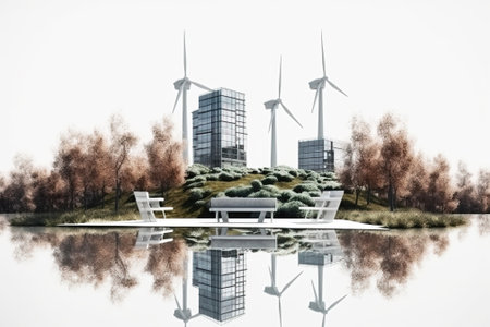 Wind generators among the high mirror city business buildings, rows with the lake. AI generated. Renewable energy concept.の素材