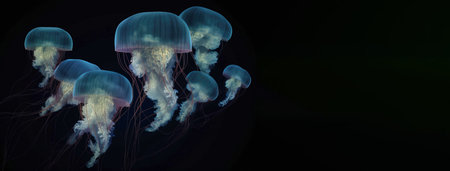 Group of rare colored jellyfish close-up, dark background. AI generated. Marine ocean fauna, wildlife. Header banner mockup with copy space.の素材