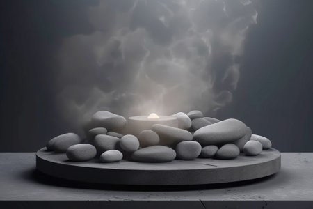 Stone podium for products, product presentation platform. Dark background, in a dark key. AI generated. Header banner mockup with copy space.の素材