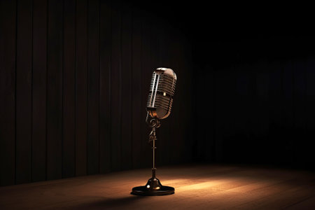 Microphone on stage seminar presentation in front of audience, successful corporate hall. AI generated. Professional presenter of educational lectures.の素材