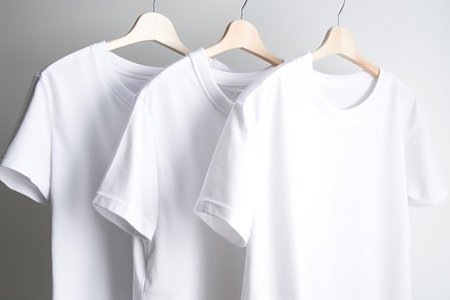 Group of white fashionable modern sports home t-shirts of classic design, white background. AI generated. Header banner mockup with copy space.の素材